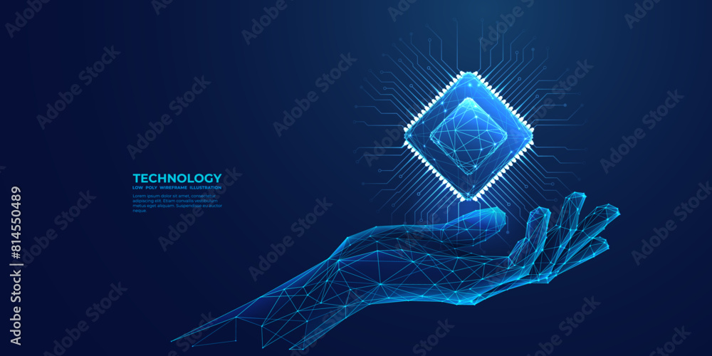 Abstract digital semiconductor hologram in technology hand. Humanoid hand holding computer chip. AI innovation concept. Tech bg. Artificial Intelligence Science background. 3D vector illustration.