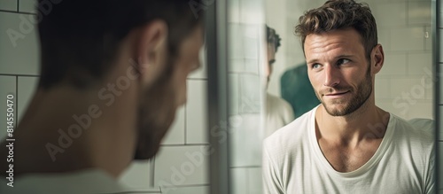 In the white bathroom a handsome man gazes at his reflection in the mirror wearing a smile The empty space in the image allows focus on his pleasant expression. with copy space image