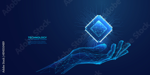 Abstract digital semiconductor hologram in technology hand. Humanoid hand holding computer chip. AI innovation concept. Tech bg. Artificial Intelligence Science background. 3D vector illustration. (ID: 814550489)