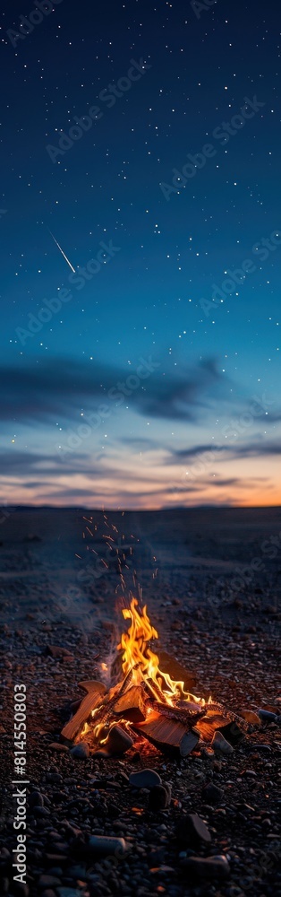 A campfire with bright flames illuminating the dark desert landscape under a starry night sky A campfire with bright flames illuminating the dark desert landscape under a starry night sky