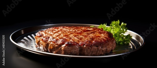 Copy space image depicting a delicious hamburger steak made with an iron plate