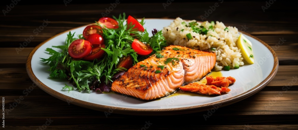 Tasty Salmon dish with rice and salad on a wooden background perfect for a copy space image Tasty Salmon dish with rice and salad on a wooden background perfect for a copy space image