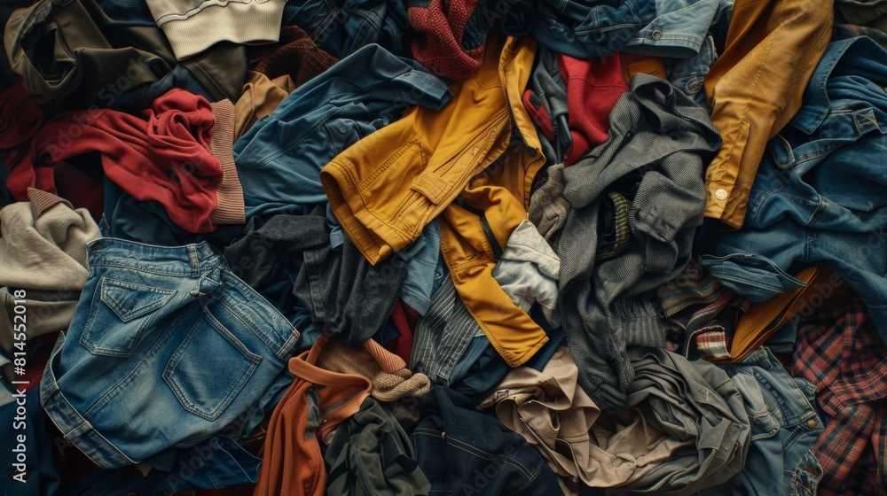Pile of used mixed and tangled clothes, pants, shirts, jackets, skirts, and coats background, waste fast fashion concept.