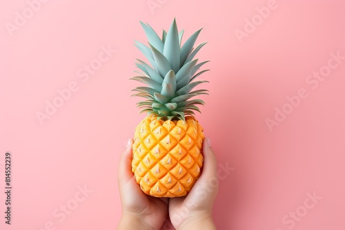 Close-up of hands holding a fresh ripe pineapple on a pink background.