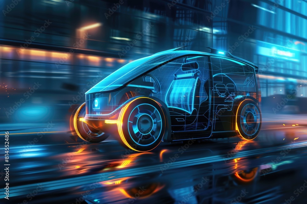 A modern car driving on city street at night. Suitable for technology and transportation concepts A modern car driving on city street at night. Suitable for technology and transportation concepts