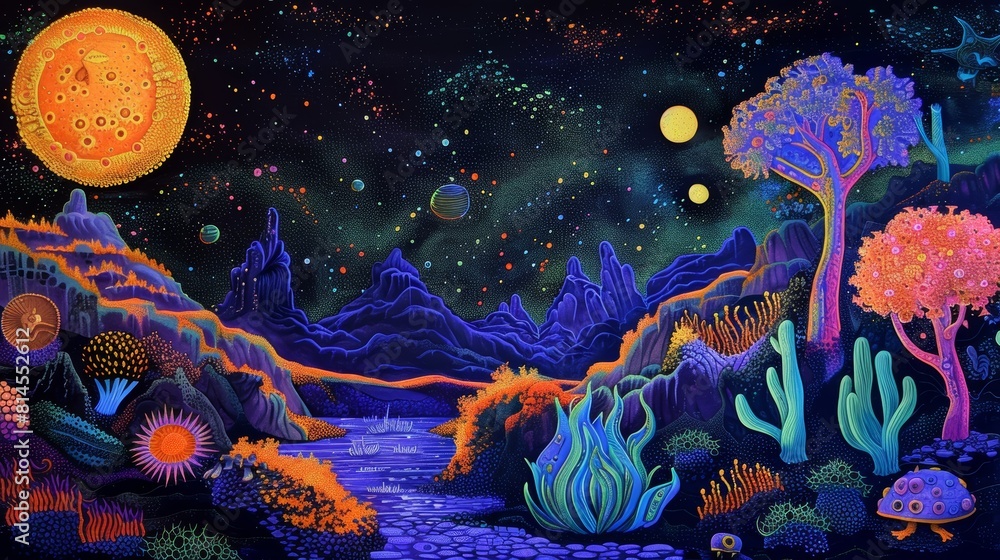 Vibrant cosmic landscape with colorful planets, glowing trees, and vivid terrain in a fantasy setting Vibrant cosmic landscape with colorful planets, glowing trees, and vivid terrain in a fantasy setting