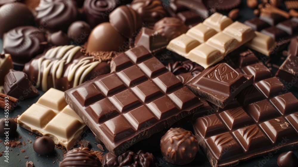 Lavish array of various chocolates, from milk to dark and white, intricately designed Lavish array of various chocolates, from milk to dark and white, intricately designed
