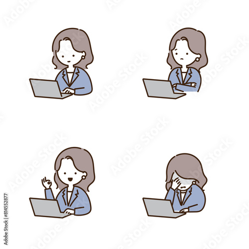ノートパソコンで仕事をする女性会社員の表情セット