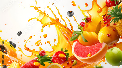 Water wave splash with fruits background for fruit juice drink realistic vector Orange apple on white background 