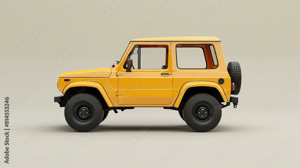 A yellow off-road vehicle is shown in profile on a beige background. The car has a black spare tire mounted on the back and black wheels.