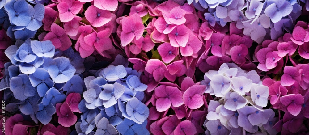 A captivating copy space image displaying vibrant clusters of fully blossomed hydrangeas A captivating copy space image displaying vibrant clusters of fully blossomed hydrangeas