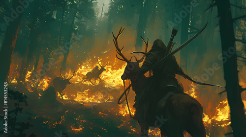 deer hunting in the dark forest 2D illustration