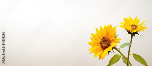 A sunflower stands on a white background with a blurred image surrounding it. with copy space image. Place for adding text or design