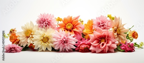 A stunning bouquet of pink and orange flowers set against a clean white background creating a perfect copy space image