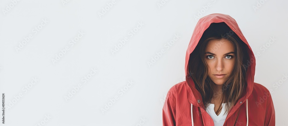 A scared female seller standing alone on a white background with a copy space image