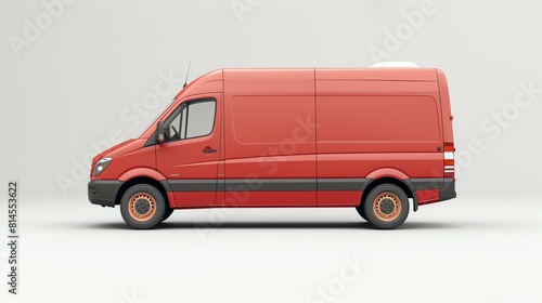 Red cargo van isolated on white background. 3D rendering of a delivery truck with blank space for branding.
