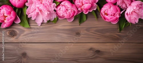 A picturesque copy space image with vibrant pink peony flowers beautifully arranged on a rustic wooden background creating the perfect Mother s Day vibe The flat lay gives a flawless top view of this © vxnaghiyev