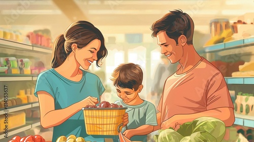 Family shopping for groceries in supermarket