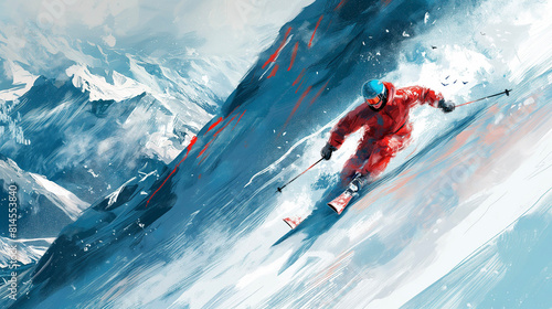 Skier in red suit skiing down snowy mountain photo
