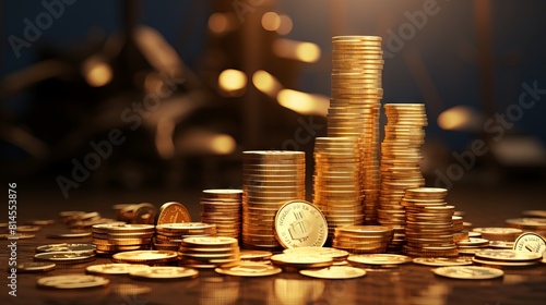 Stacks of gold coins on dark background. photo