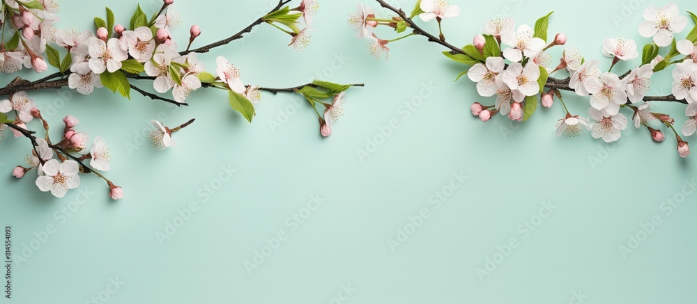 Horizontal flat lay composition featuring blossom tree branches against a pleasant pastel green backdrop This minimalistic decorative concept captures the essence of spring joy leaving ample copy spac Horizontal flat lay composition featuring blossom tree branches against a pleasant pastel green backdrop This minimalistic decorative concept captures the essence of spring joy leaving ample copy spac