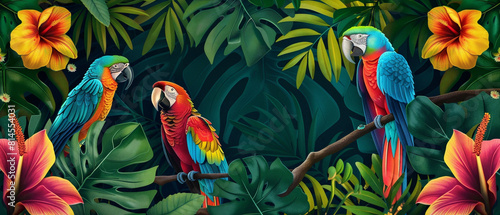 Colorful tropical birds perched among lush green foliage, vivid shades of nature, vibrant and lively scene.