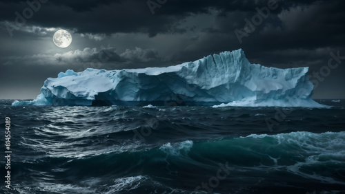 A large ice block floating in the night ocean photo