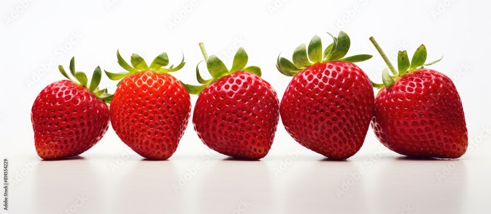 A cluster of four ripe strawberries sliced into halves is displayed on a plain white backdrop The vibrant organic berries are striking with space for additional text or images