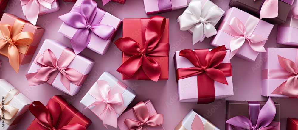 Top view of a close up composition showcasing presents wrapped in colorful paper and adorned with satin bows capturing the traditional attributes of Valentine s Day The image offers copy space and se Top view of a close up composition showcasing presents wrapped in colorful paper and adorned with satin bows capturing the traditional attributes of Valentine s Day The image offers copy space and se