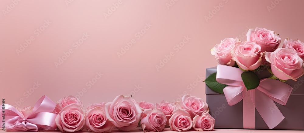 A copy space image with a pink background featuring Mother s Day Women s Day Valentine s Day or Birthday celebrations Roses and a box package are displayed along with a congratulatory banner and card
