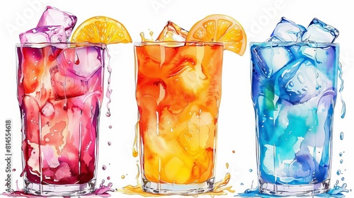 Colorful summer drinks with ice, Cool drinks style swirls, vivid colors isolated on white background photo