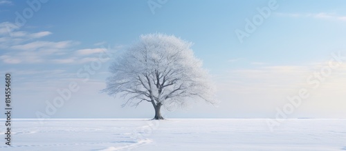 In the winter landscape of the North solitary trees stand alone creating a sense of solitude and emptiness. with copy space image. Place for adding text or design