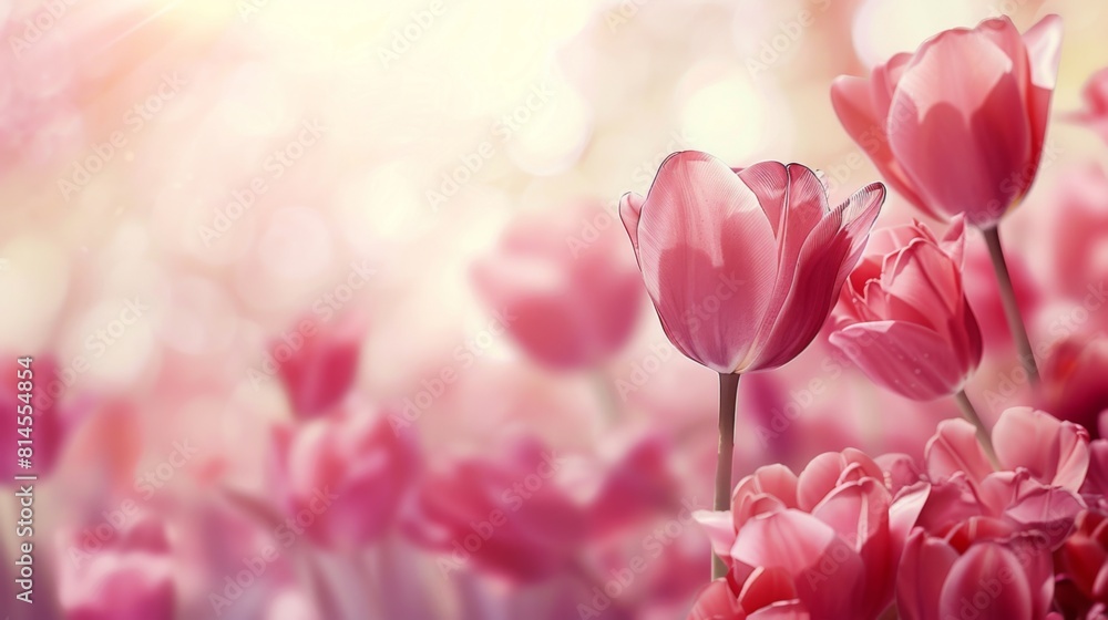 Obraz premium Pink tulips radiate in sun rays against a vibrant backdrop