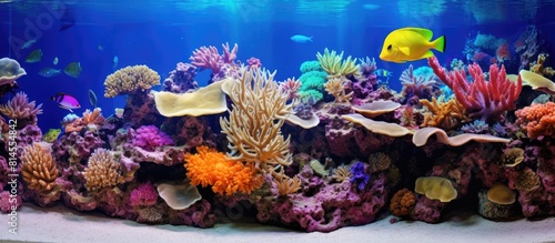 The aquarium showcases a stunning close up of exotic corals with an eye catching copy space image