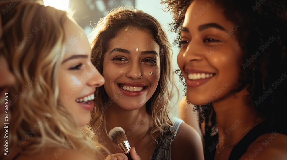 A candid moment as a group of friends apply makeup together in preparation for a night out capturing genuine smiles and camaraderie. A candid moment as a group of friends apply makeup together in preparation for a night out capturing genuine smiles and camaraderie.