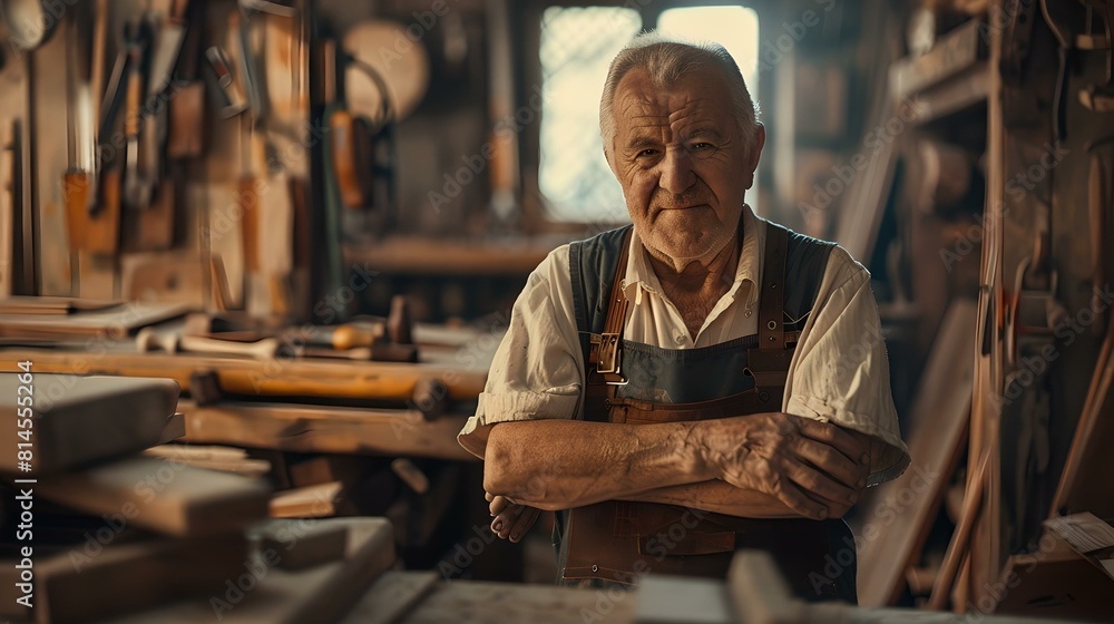 Skilled senior carpenter proudly standing in his workshop surrounded by woodwork tools