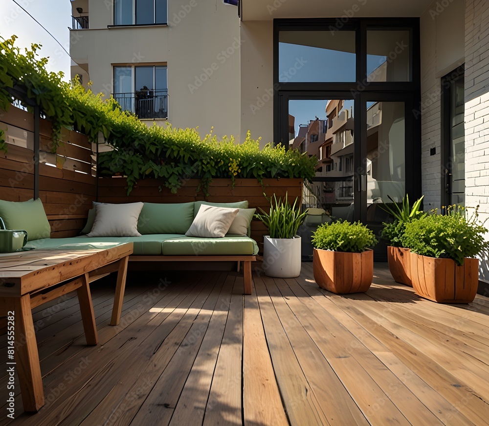 sunny terrace with wood teck flooring and plants
