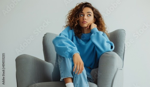 Woman Sitting on Chair in Blue Sweater