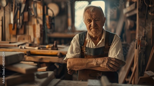 Skilled senior carpenter proudly standing in his workshop surrounded by woodwork tools © Tatyana