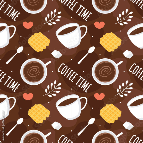 Coffee Time Seamless Pattern Design With Cacao Beans  Grains and Jug in Cartoon Flat Illustration