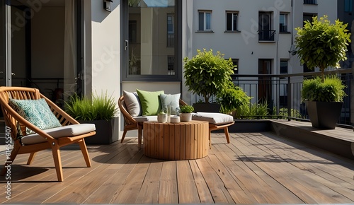 sunny tesunny terrace with wood teck flooring and plantsrrace with wood teck flooring and plants