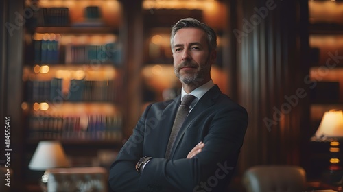 Confident businessman standing in a luxurious library with arms crossed