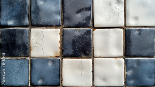 Close up of white and navy blue bathroom tiles