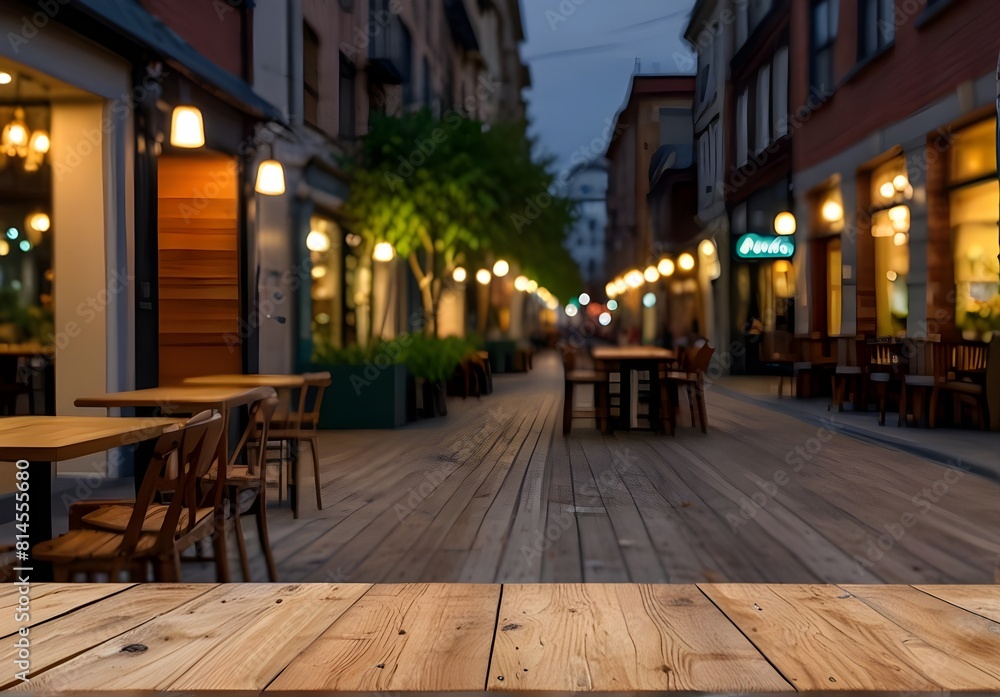 Natural wood table top in outdoor's terrace cafe
