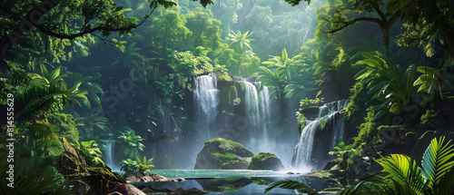 Lush greenery surrounds monk meditating by cascading waterfalls in serene tropical jungle paradise.