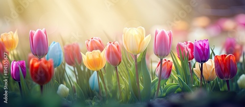 In the spring field vibrant tulip flowers bloom creating a colorful and picturesque scene copy space image #814555677