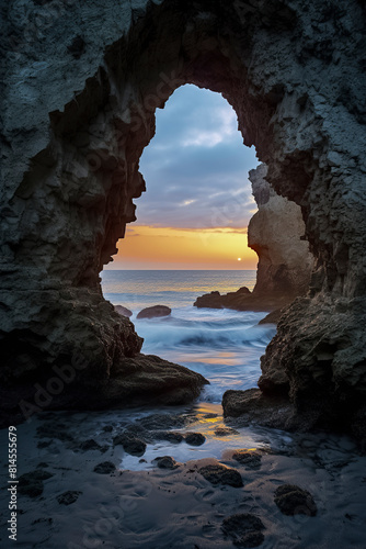 A tranquil sunset at the beach framed by a natural rocky arch  with waves gently caressing the sandy shore