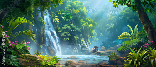 Lush tropical jungle with serene waterfalls  monk meditating in peaceful surroundings  surrounded by nature s beauty.