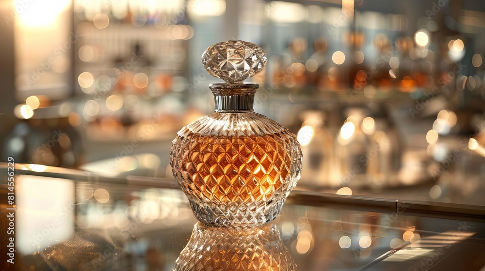 Highres image of an artisanal perfume bottle with handcrafted details, presented on a mirrored surface to showcase its uniqueness and label space Highres image of an artisanal perfume bottle with handcrafted details, presented on a mirrored surface to showcase its uniqueness and label space