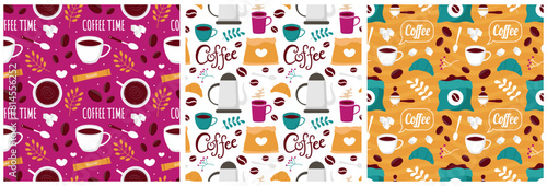 Coffee Time Seamless Pattern Design With Cacao Beans, Grains and Jug in Cartoon Flat Illustration